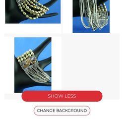 Lovely Olivine Freshwater Pearls, Enamel and Chain Stretch Bracelet