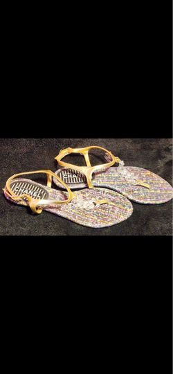 Chanel gold leather and tweed sandal 5.5
