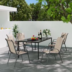 B380 $60  Patio Dining Chairs Set of 4, Outdoor High Stacking Chairs for All Weather, Breathable Seat Fabric and Alloy Steel Frame for Backyard, Porch