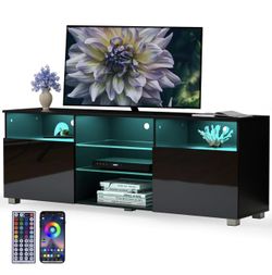 High Glossy LED Black TV Stand for 55/60/65 inch TV,Modern LED Entertainment Center with Adjustable Storage Shelves,Game Console Entertainment Center,