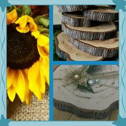 Styrofoam tree slice wood log stumps wedding decorations centerpieces flowers jars rustic candles burlap vintage cake stand display holder charger
