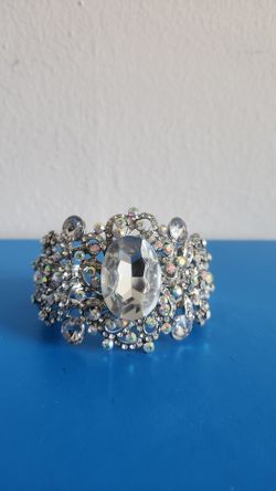 Large Clear/Iridescent Rhinestone Floral Design Cuff Couture Bracelet