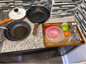 Kitchen Cookware: Pans and Lids, Baking Pan, Forks, Spoons, Knives, Glass mug, Plastic Tupperware