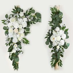 Welcome Sign or Wedding Arch Arrangement Garland with White Flowers, Roses, Eucalyptus 