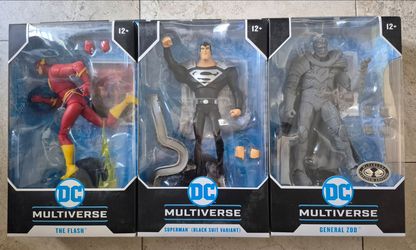 The Flash. Superman (Black Suit Variant). General Zod (Platinum Edition) action figures
