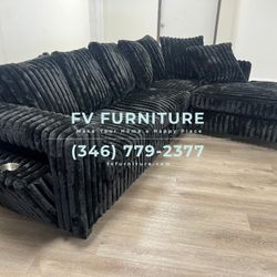 Brand New! 3 Monthly Payments Plan! Black Corduroy Sectional With Cup Holder! Same Day Delivery