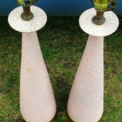 Mid century modern pink electric table lamps ceramic w textured finish !