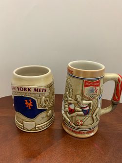 Lot 2 ceramic beer steins: 1984 Olympics Budweiser & NY Mets