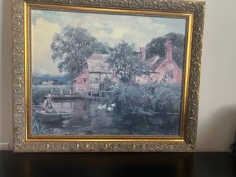 Framed Country Cottage River Scene Print