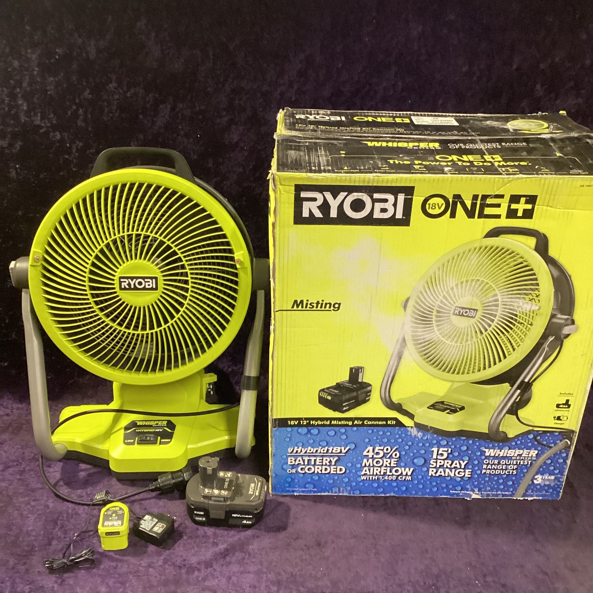 🧰🛠RYOBI ONE+ 18V Hybrid WHISPER 12” Misting Air Cannon Fan Kit w/4.0Ah Battery & Charger NEW!-$125!🧰🛠