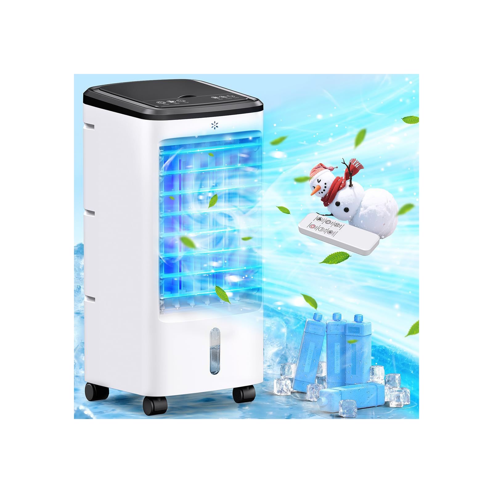 4 In 1 Portable Swamp Cooler with 2 Water Tanks, Room Air Conditioner with 4 Ice Packs, Remote, 12H Timer, 3 Speeds 4 Modes, Ventless Cooler for Indoo