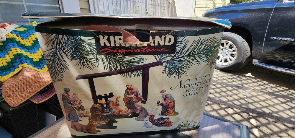 vintage Kirkland Signature 13 piece Christmas nativity set porcelain hand painted with stable