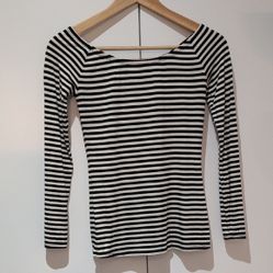 Black and White Striped Stretchy Rayon Boat Neck Women's Top Size XS 