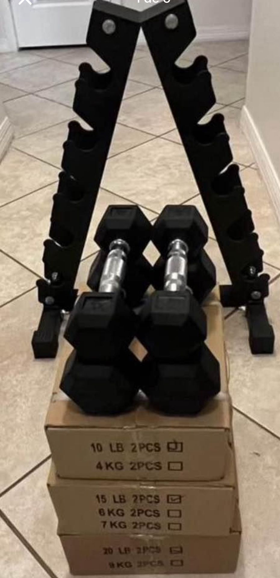 Set 115 lbs Dumbells Rubber With Rack 5 Tier ALL BRAND NEW IN BOX 2 Each 5/7.5/10/15/20 w RACK FIRM PRICE 200$