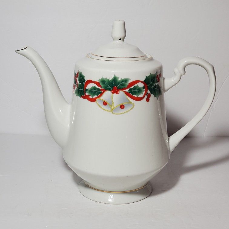 Christmas Winter Holiday Teapot Holly Bells