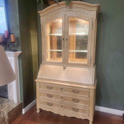 Vintage Century Furniture Carved Solid Wood Secretary Desk with Lighted Hutch, 1980s