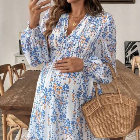 Maternity Floral Blue &amp; Orange Stretch Flowy Dress - Size 4 BNWOT 