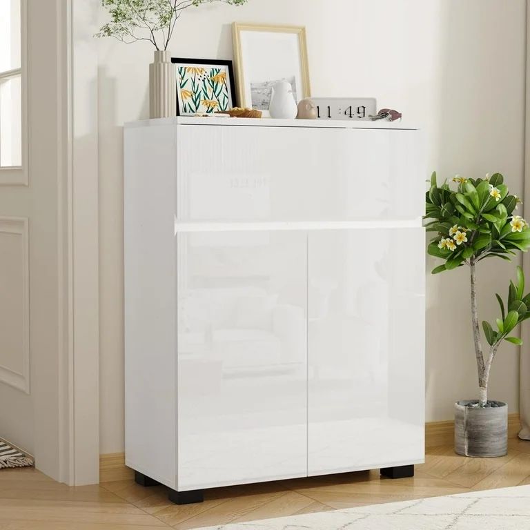 DIYART Modern High-Gloss Sideboard Cabinet, Stylish Buffet Cabinet with Drawer & Adjustable Shelf, Sleek Storage Cabinet for Dining Room, White