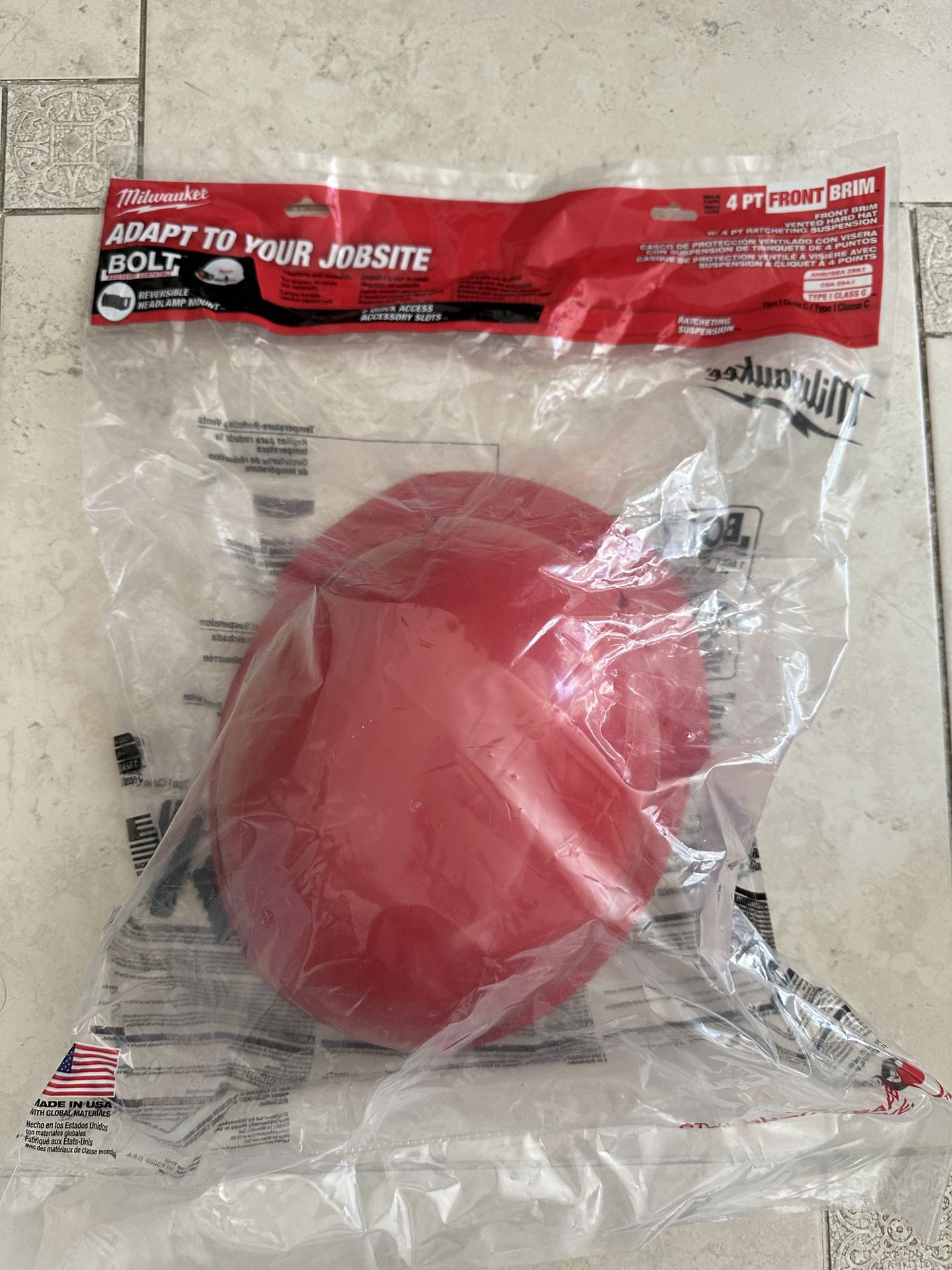 Milwaukee 48-73-1208 Red Front Brim Vented Hard Hat w/4pt Ratcheting Suspension - Type 1, Class C New Adapt to your jobsite Includes a BOLT headlamp m