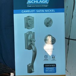 New Schlage Camelot Satin Nickel Single Cylinder Door Handleset with Georgian Knob