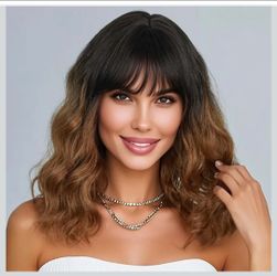 Ombre Brown Short Bob Wavy Wig with Bangs for women (14 Inch)
Soft and No tangle, Heat resistant fiber under 248℉,Shoulder Length Wigs for Halloween,C