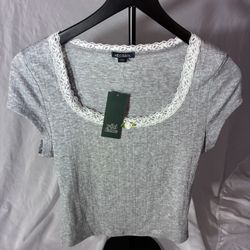 Wild Fable Lace Trim Embroidered Flower Tee