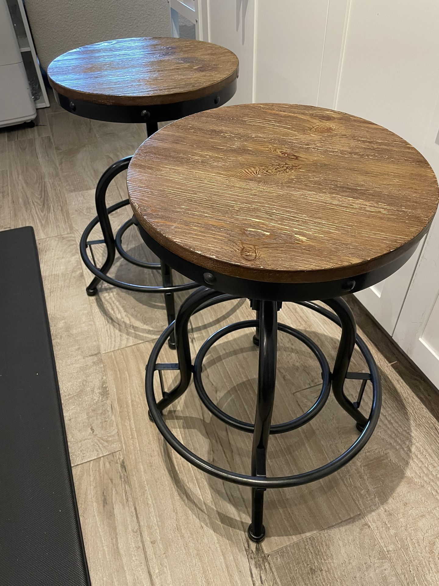 2 Wood And Gunmetal Adjustable Counter Stools