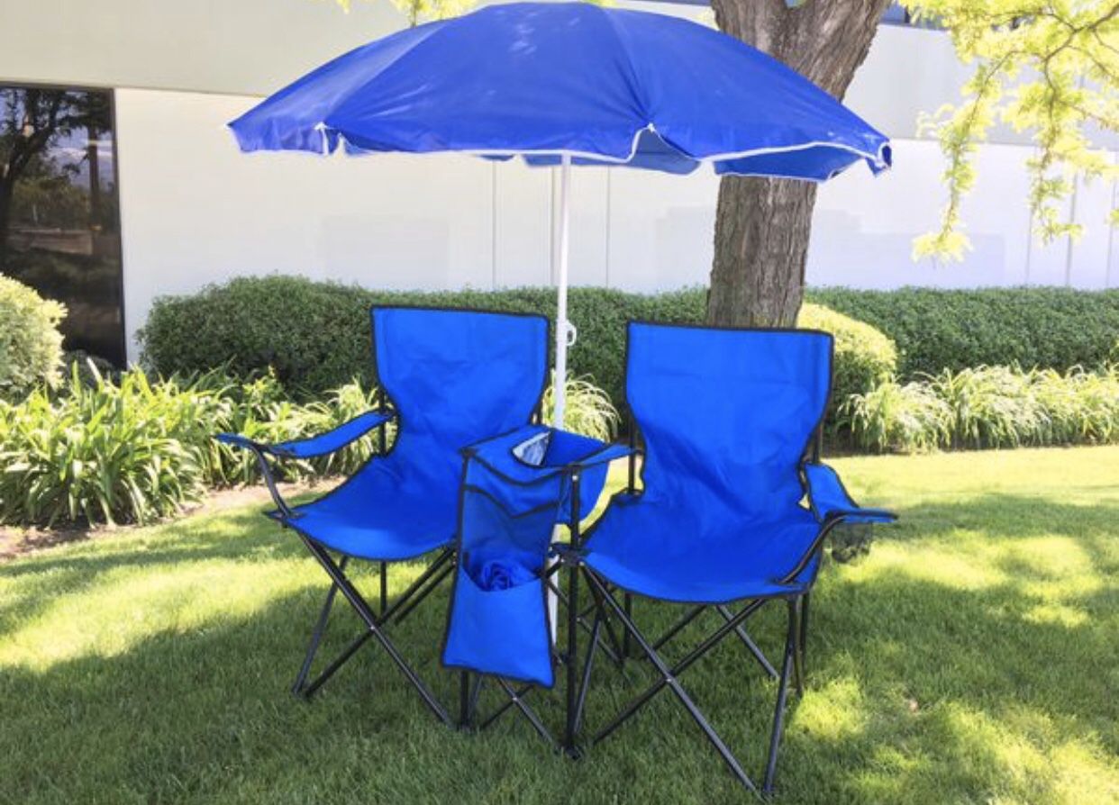 Dual Camping Chair with Umbrella and Cooler