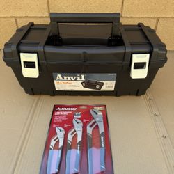 Anvil 24 in. Black Plastic Tool Box AND Husky 3-Piece Groove Joint Pliers Set