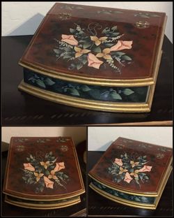 VINTAGE HAND PAINTED FLORAL FLOWER LEAF WOOD TABLE DECOR STORAGE ORGANIZER TRINKET JEWELRY BOX