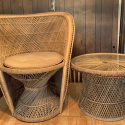 Vintage Rattan Barrel Chair With Side Table 