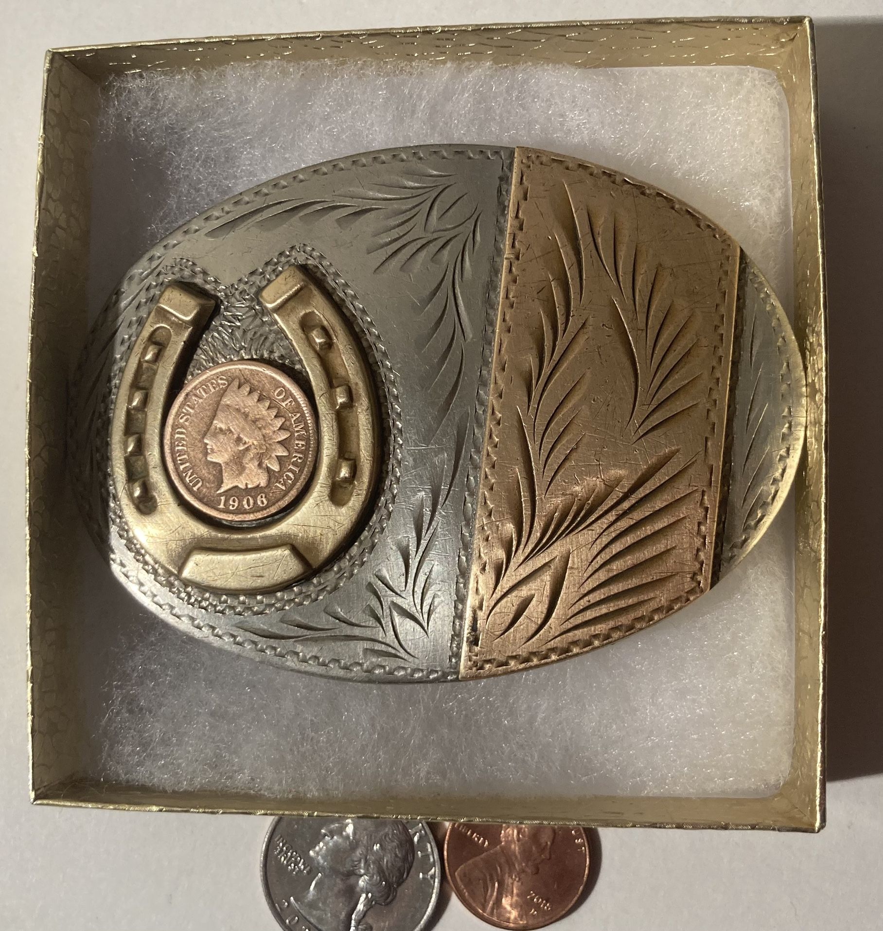Vintage Belt Buckle Silver And Brass Horseshoe Mercury Dime Coin