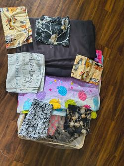 Box of fabrics, yarn, ribbon, etc