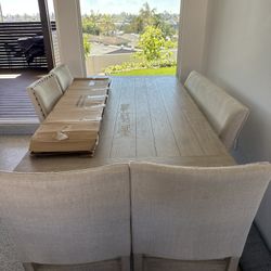 Beautiful Extendable Dining Table Set – Solid Wood with 6 Upholstered Chairs + Bench