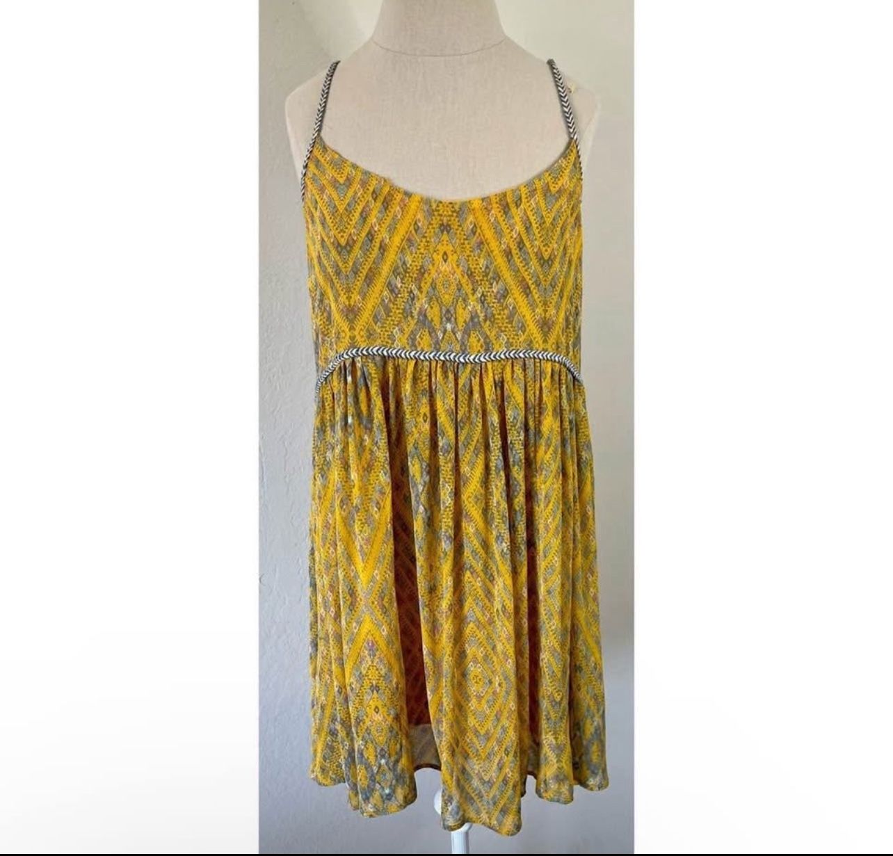 Free People Yellow Flowy Mini Dress With Braided Strap Detail