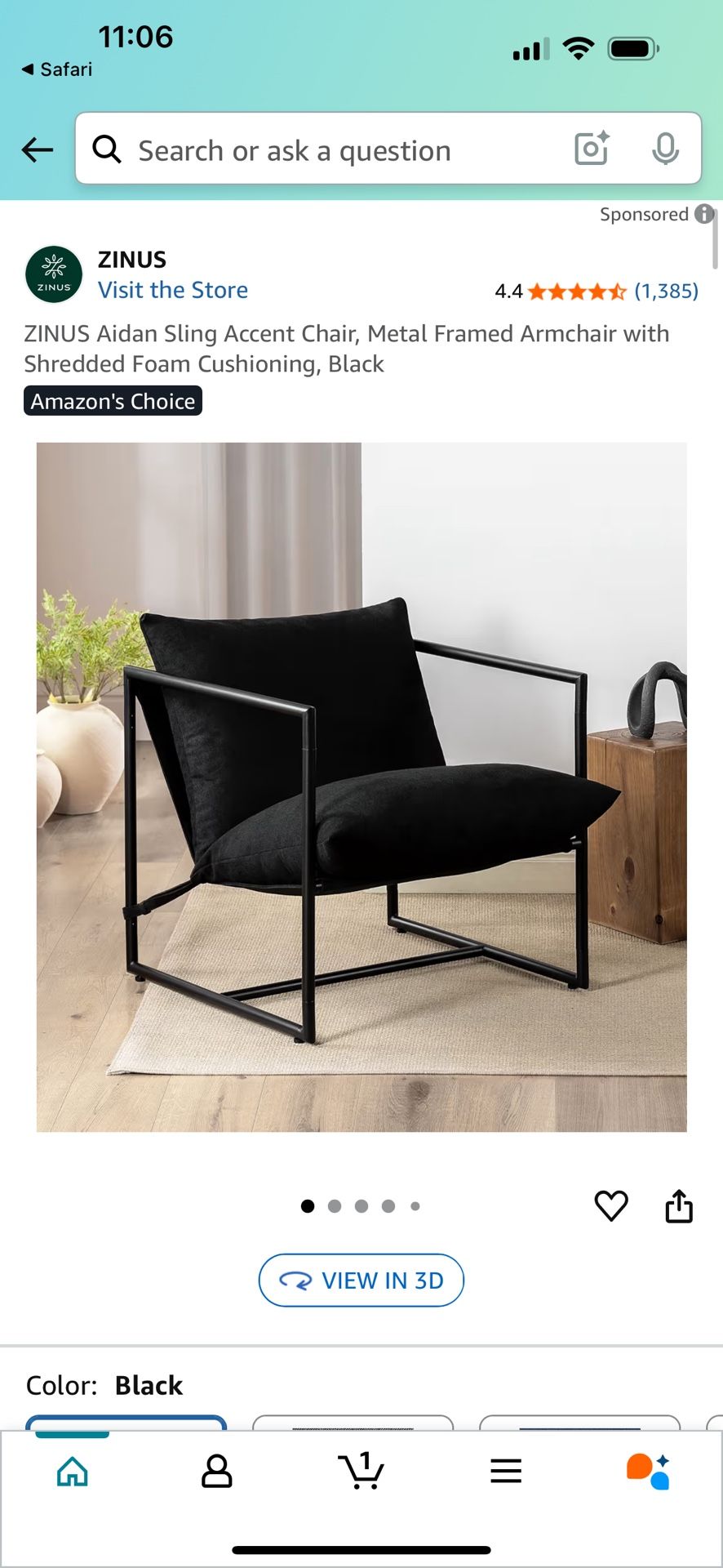 Aidan Sling Accent Chair, Metal Framed Armchair with Shredded Foam Cushioning, Black $75 New