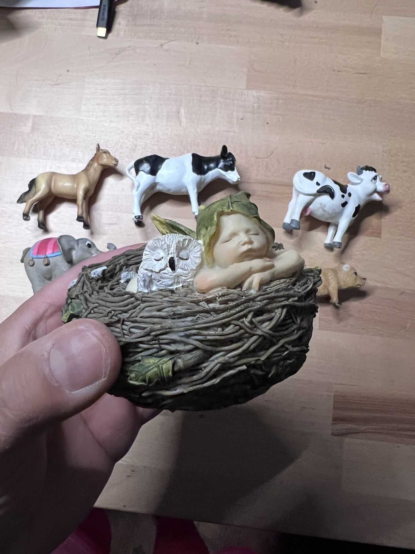 Farm Animal Figurines & Whimsical Nest Sculpture