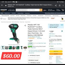 Metabo Impact Drill 18v $60.00 Tool Only No Battery No Charger New