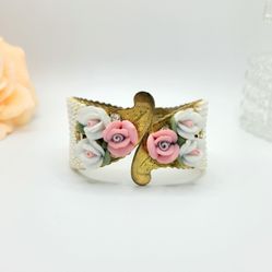 Vintage gold brass porcelain Rose leaf pearl rhinestone cuff bracelet