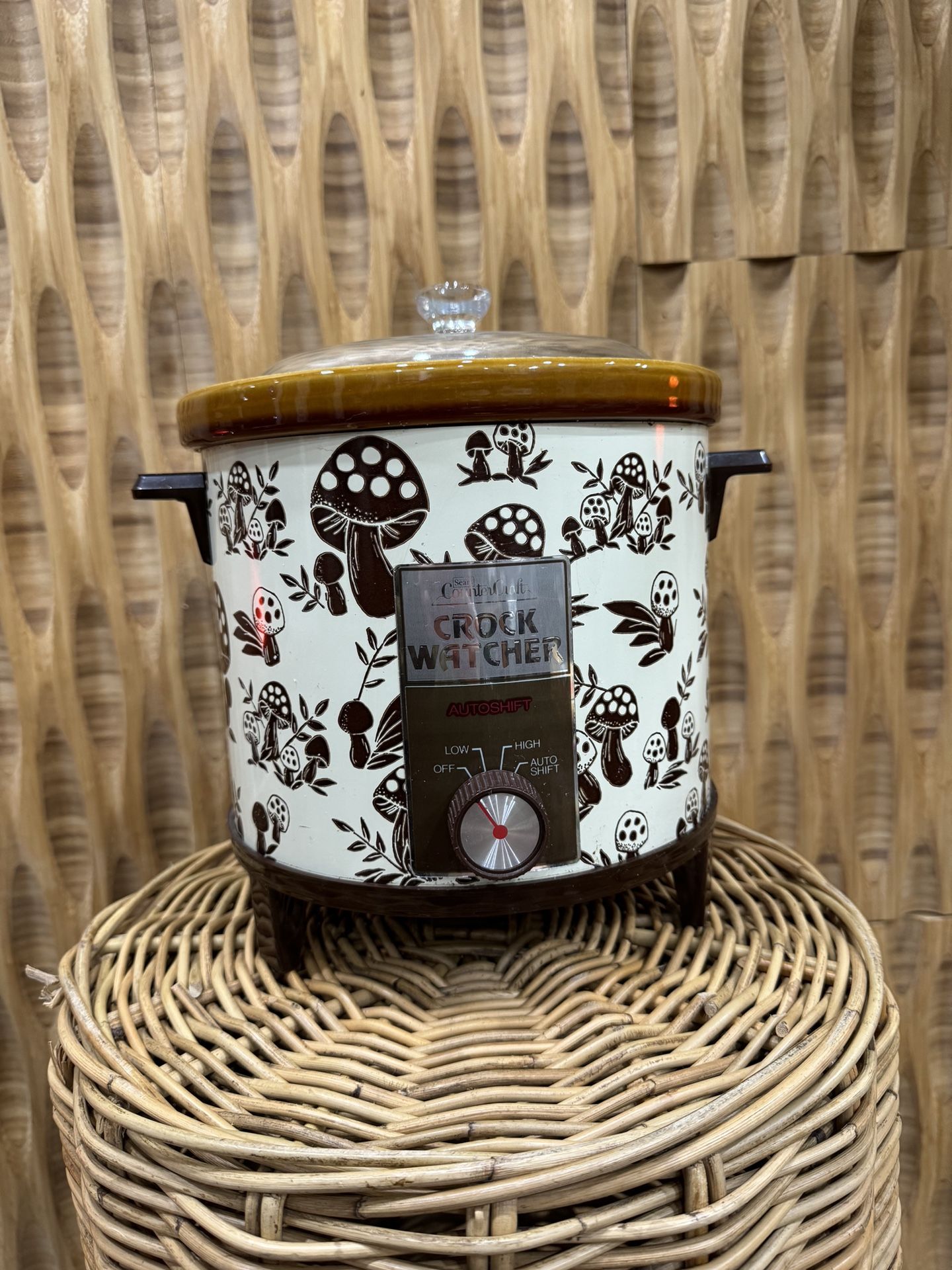 Vintage Sears Counter Craft Crock Pot Watcher Mushroom Floral Brown Off White Auto Shift Slow Cooker