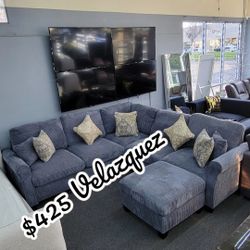 ✅️✅️ 4pc dark Grey corduroy fabric sectional sofa with rounded arms and ottoman ✅️✅️