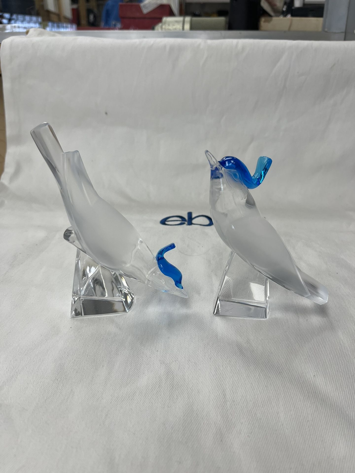 Pair Of Lalique Crystal PIMLICO Blue Crested Blue Jay Figurines