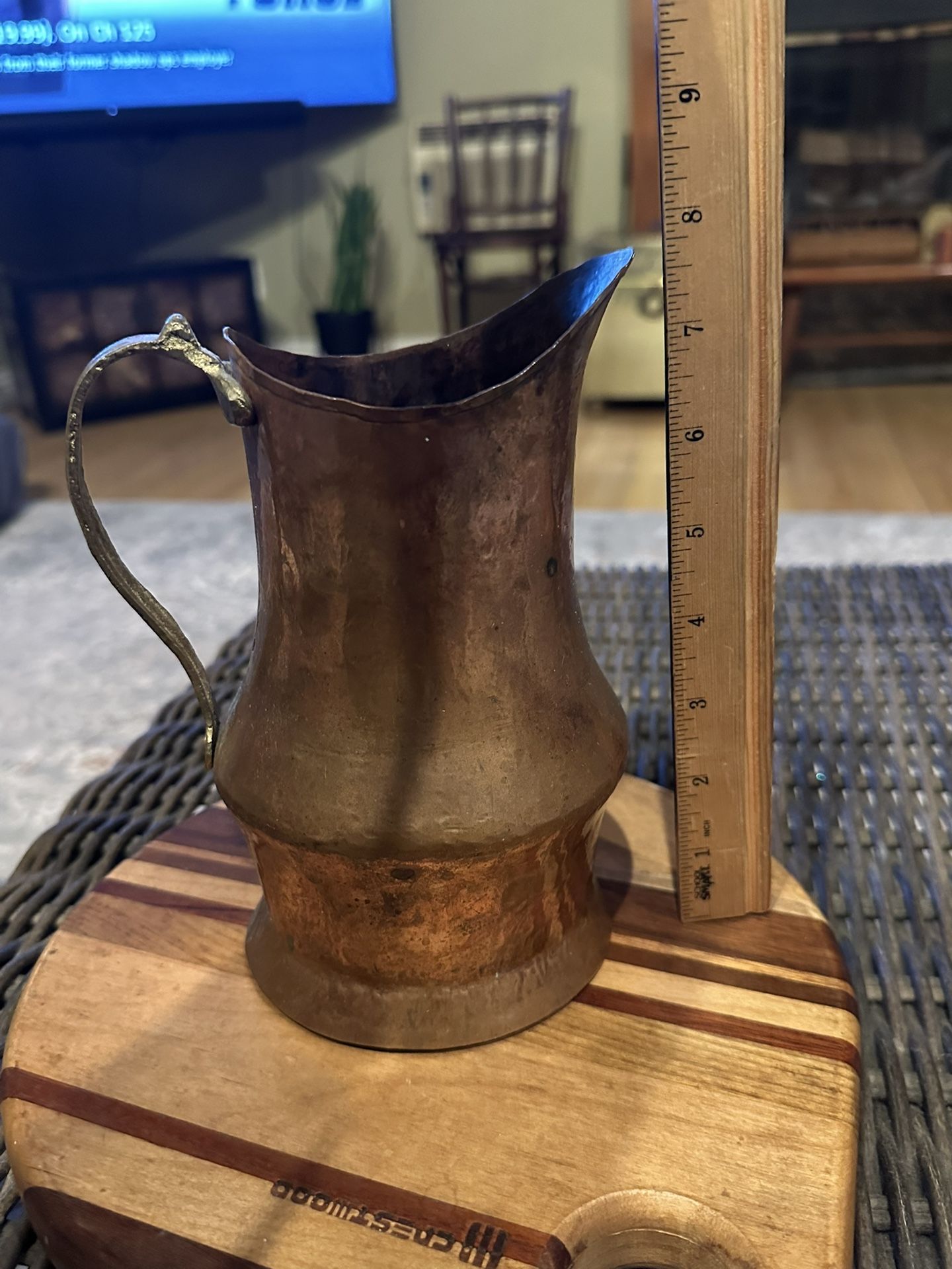 Rustic Farmhouse Vintage Hammered Solid Copper Pitcher With Brass Handle 