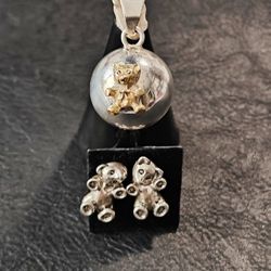 Sterling Silver TD-75 925 Mexico Teddy Bear Ball Pendant & Matching 925 Earrings With Gift Box 