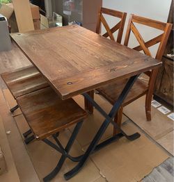 Table with 4 stools and 2 chairs. Wood and metal.