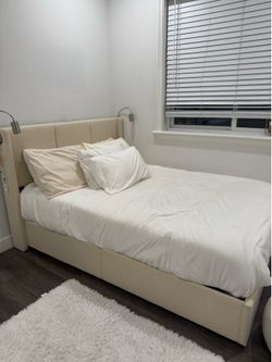 Beige Queen Cushioned Bed Frame
