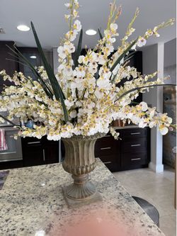 Large Artificial White Orchid Arrangement in Decorative Urn