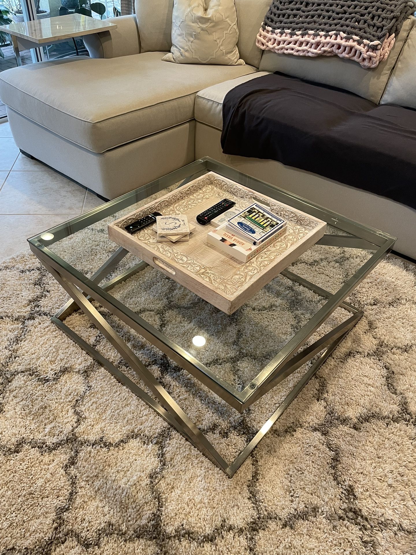 Best Offer - Square Glass Coffee Table - Brushed Nickel