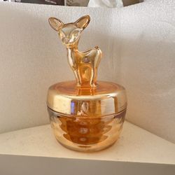 Vintage Jeanette Glass Marigold Carnival Glass Deer Fawn Vanity Powder Jar Dish