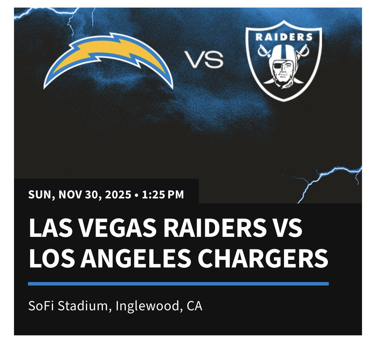 2 Seats - SEC 203 - LV Raiders vs LA CHARGERS
